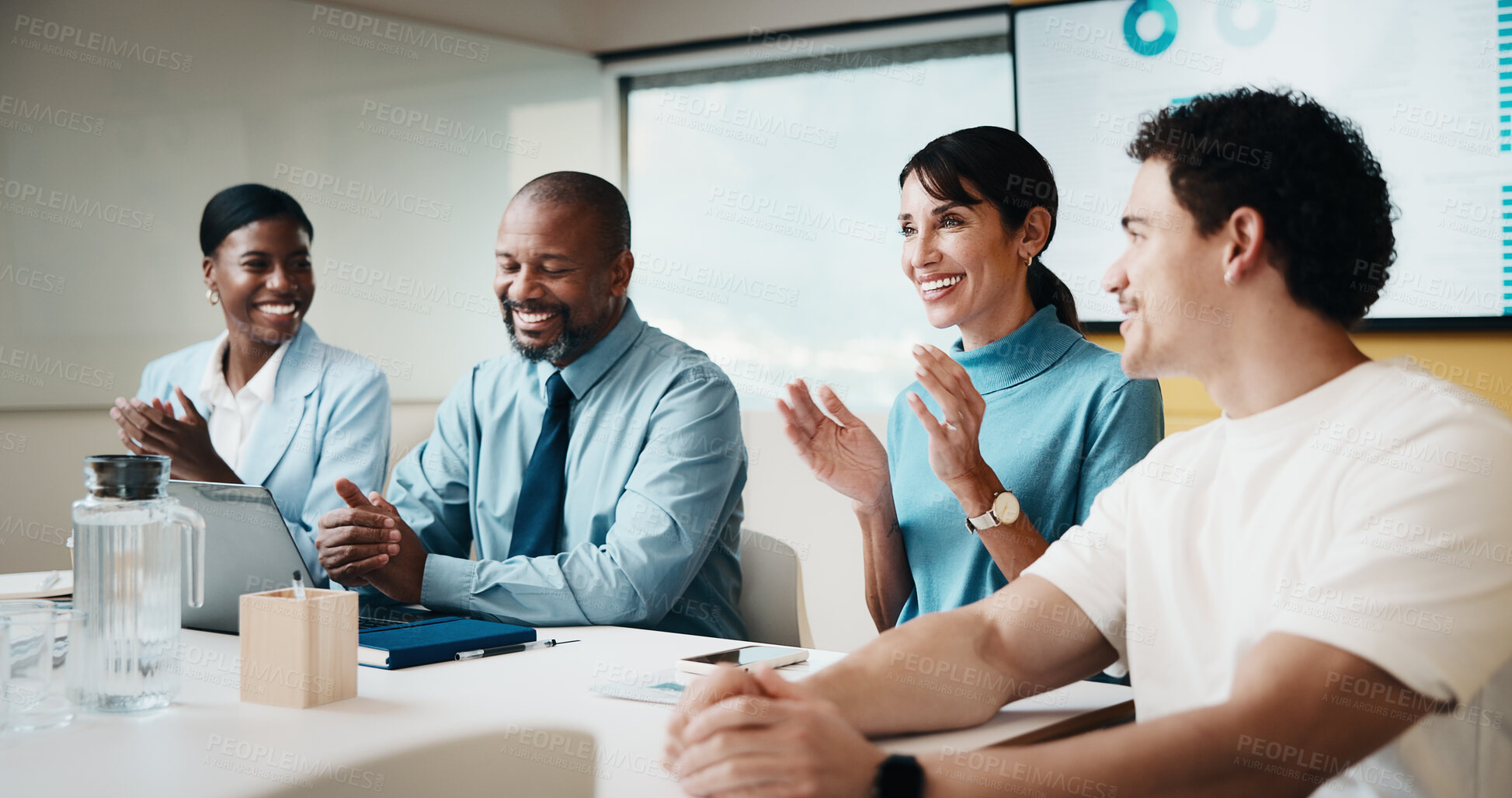 Buy stock photo Meeting, applause and business people in office with success, data analysis and charts for profit. Happy, team clap and celebration in workplace with stats goals, collaboration and revenue increase.