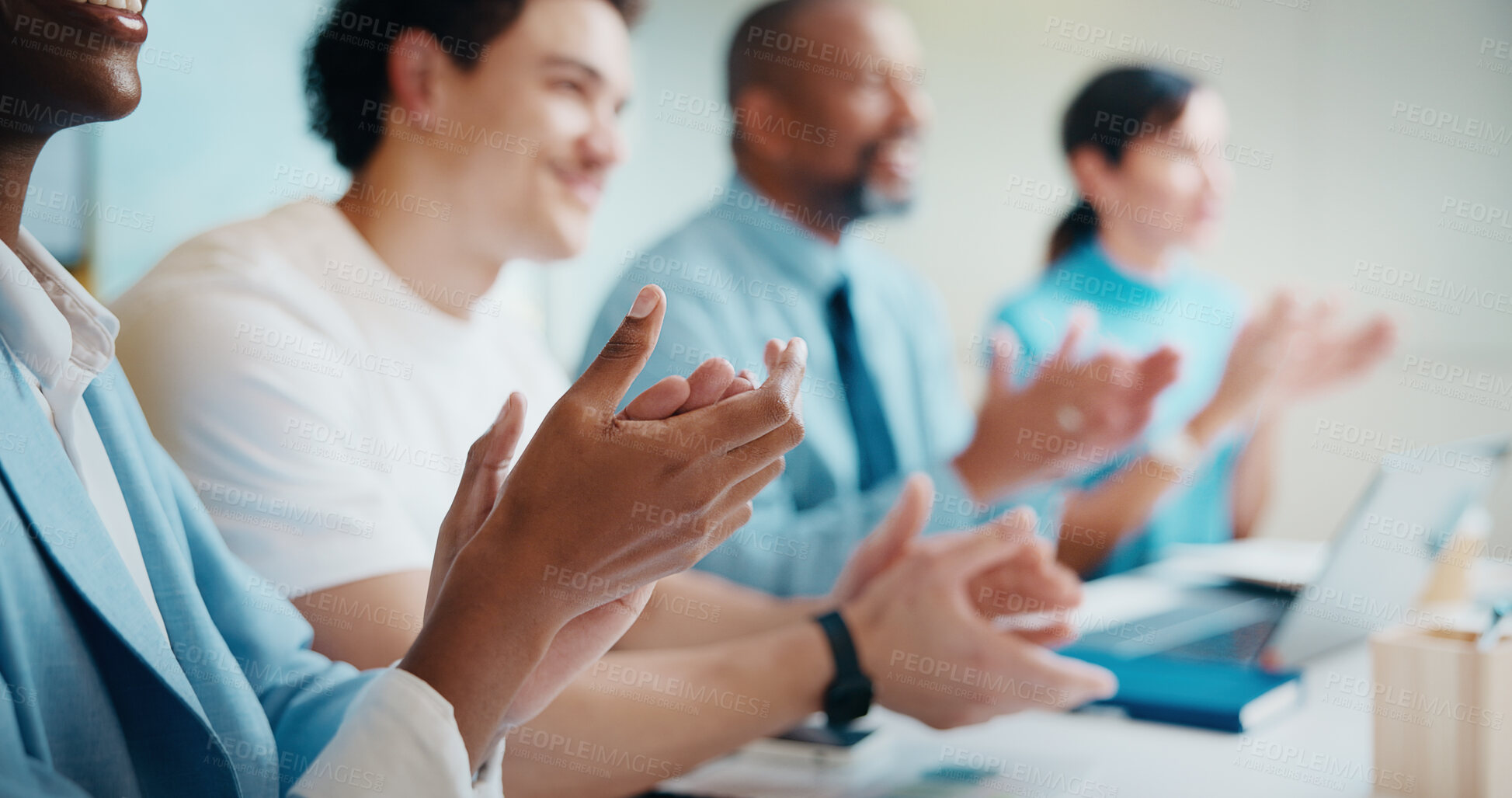 Buy stock photo Meeting, business people or hands with applause for success, promotion news or support for achievement. Well done, clapping and happy staff with celebration for career development, teamwork or office