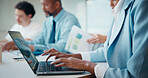 Woman, hands and team in meeting with laptop, typing minutes or report for business record keeping. Person, draft agenda and coworkers in office with computer, administration and summary of planning.