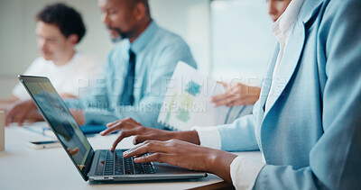 Buy stock photo Woman, hands and team in meeting with laptop, typing minutes or report for business record keeping. Person, draft agenda and coworkers in office with computer, administration and summary of planning.