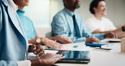 Buy stock photo Hands, business people and laptop in meeting at office with team, review and staff at insurance company. Group, broker and advisor with tech, proposal or planning with documents for risk management