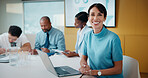 Meeting, smile or woman in agency with portrait, pride or ambition in budget analysis. Confidence, business or mature financial analyst with laptop, about us or opportunity in revenue management.