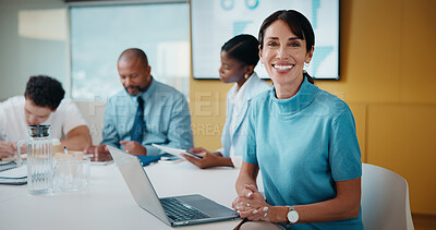 Buy stock photo Meeting, smile or woman in agency with portrait, pride or ambition in budget analysis. Confidence, business or mature financial analyst with laptop, about us or opportunity in revenue management