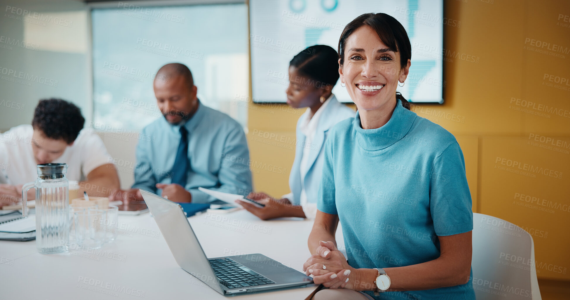 Buy stock photo Meeting, smile or woman in agency with portrait, pride or ambition in budget analysis. Confidence, business or mature financial analyst with laptop, about us or opportunity in revenue management