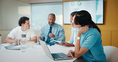 Buy stock photo Woman, neck pain and laptop in meeting at office with fatigue, injury or bad posture at finance company. Person, muscle strain and ache with fibromyalgia, joint or computer at asset management agency