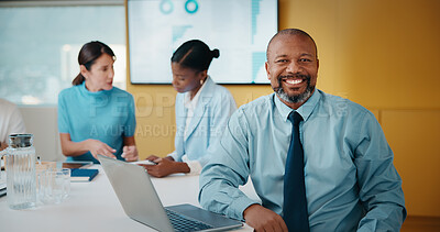 Buy stock photo Meeting, portrait or man with laptop in office with smile, pride or ambition in budget analysis. Confident, mature person or financial analyst with tech, about us or experience in revenue management.