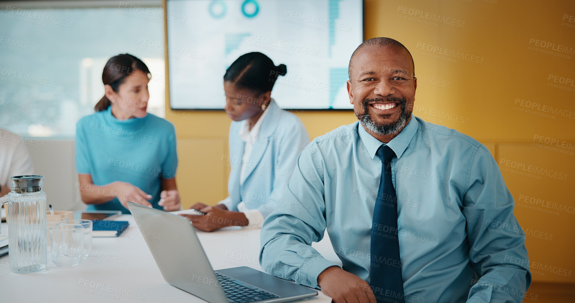 Buy stock photo Meeting, portrait or man with laptop in office with smile, pride or ambition in budget analysis. Confident, mature person or financial analyst with tech, about us or experience in revenue management.