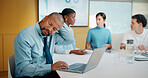 Man, neck pain and laptop for meeting in boardroom with fatigue, injury or tired at finance company. Person, muscle strain and fibromyalgia in office, burnout or computer at asset management agency
