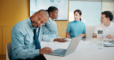 Buy stock photo Man, neck pain and laptop for meeting in boardroom with fatigue, injury or tired at finance company. Person, muscle strain and fibromyalgia in office, burnout or computer at asset management agency