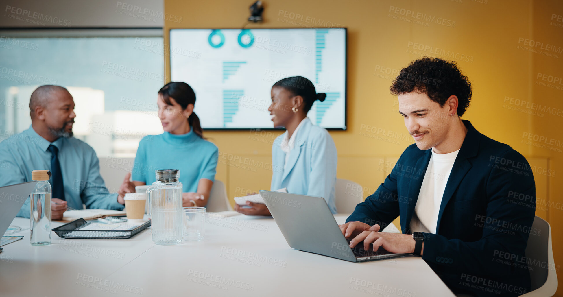 Buy stock photo Typing, laptop or man in meeting at marketing agency, web traffic metrics or review campaign stats. Ads revenue data, smile or manager with proposal for algorithm boost, engagement planning or pc