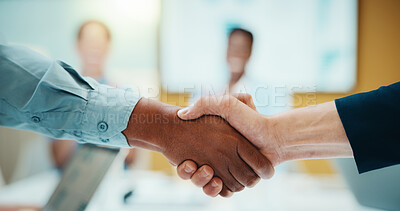 Buy stock photo Meeting, shaking hands and business people with deal in office for funding approval and success. Handshake, project management and celebration with team in boardroom for promotion and winning