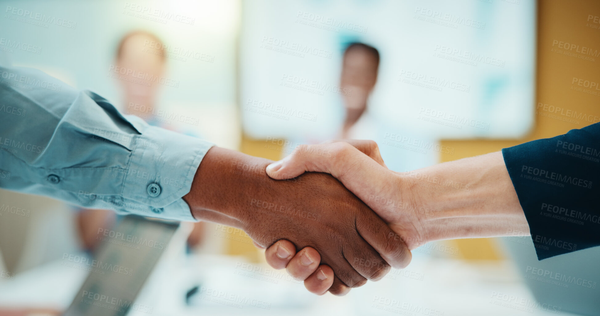 Buy stock photo Meeting, shaking hands and business people with deal in office for funding approval and success. Handshake, project management and celebration with team in boardroom for promotion and winning