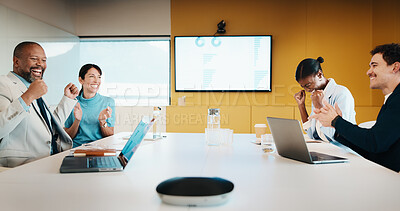 Buy stock photo People, applause and data analysis in office with meeting, tech and achievement for insurance sales. Happy, team clap and fist pump in business with stats, graphs or collaboration success for profit.