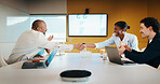 People, clap and handshake in meeting with smile, analytics or congratulations for marketing success. Team, applause and shaking hands in office with business stats, graphs or advertising achievement