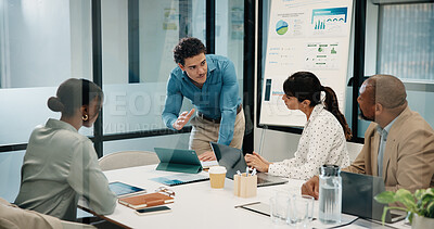 Buy stock photo Meeting, tablet and people with presentation for data analytics, proposal or explain strategy. Leadership, presenter or analyst with team discussion for insights, stats or review of digital growth