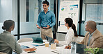 Man, presentation and charts with feedback for team at office meeting, board and explain at finance company. Person, speaker and group with graphs, review and collaboration at investment agency