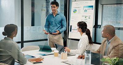 Buy stock photo Man, presentation and charts with feedback for team at office meeting, board and explain at finance company. Person, speaker and group with graphs, review and collaboration at investment agency