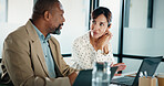 Finance, laptop and meeting with business people in office together for discussion or feedback. Collaboration, computer and conversation with employee team in financial workplace for risk management