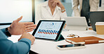 Tablet screen, hands and business people in office for discussion with statistics on finance report. Digital technology, meeting and financial advisors with graphs for company investment growth.