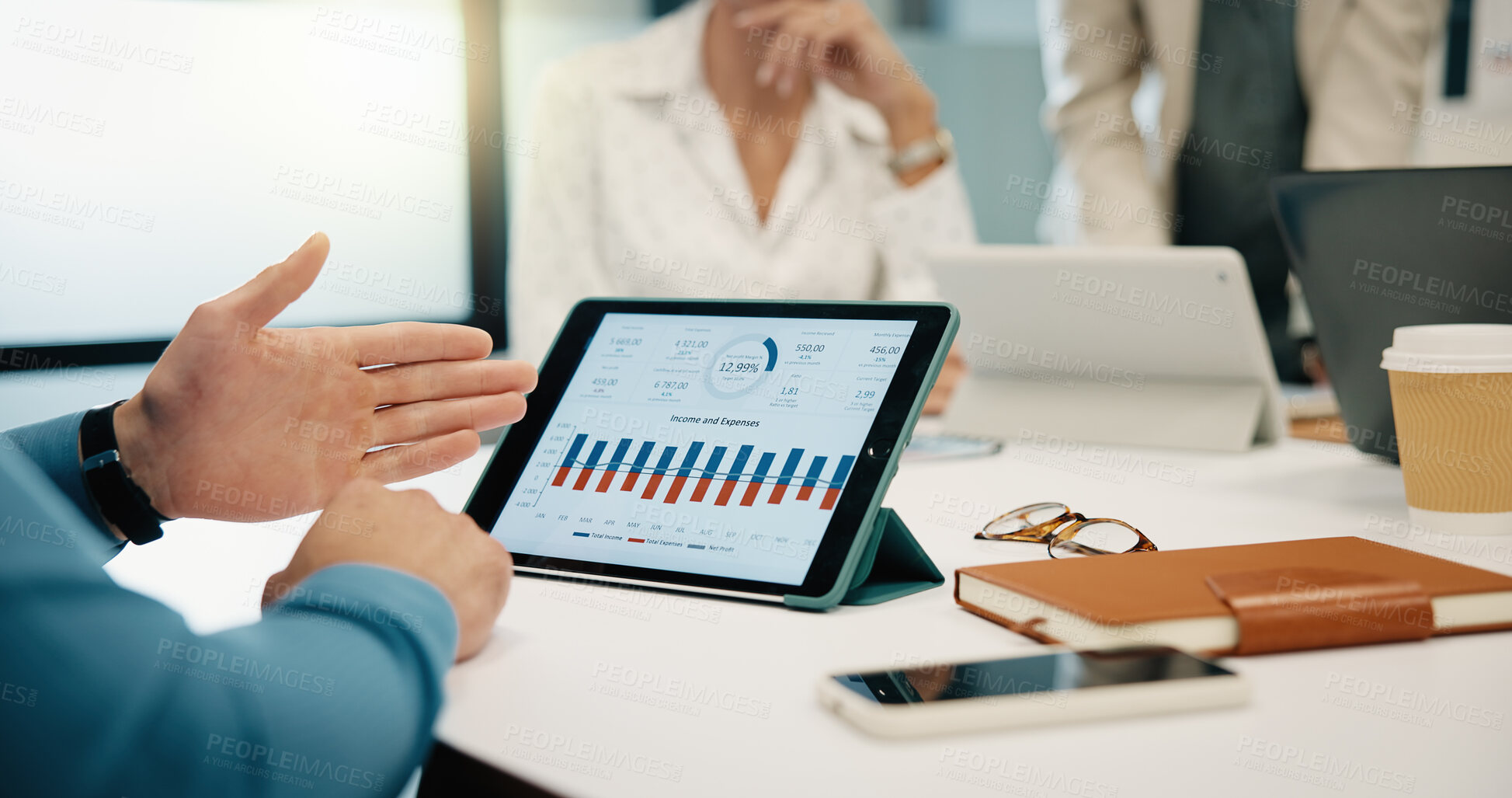 Buy stock photo Tablet screen, hands and business people in office for discussion with statistics on finance report. Digital technology, meeting and financial advisors with graphs for company investment growth.