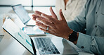 Meeting, hands and business people with laptop in office for data analysis or performance review. Wealth manager, coworking and team with tech for risk assessment, graphs and financial planning