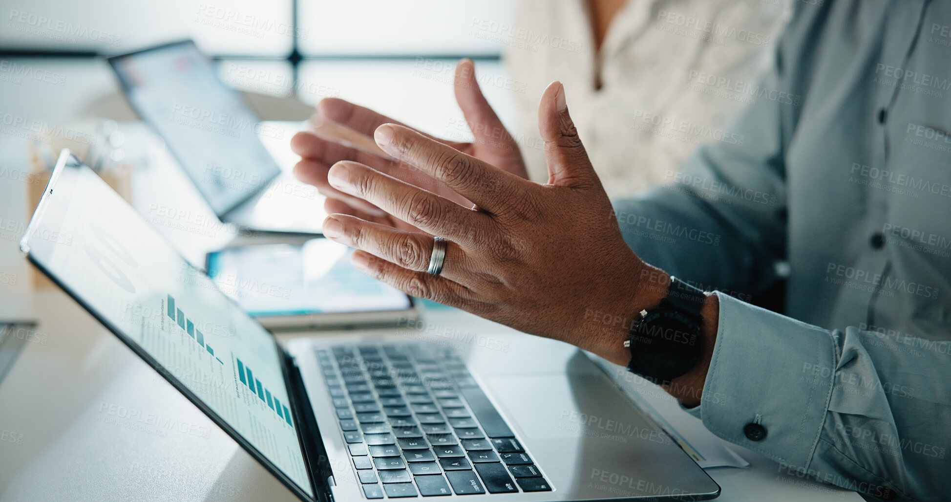Buy stock photo Meeting, hands and business people with laptop in office for data analysis or performance review. Wealth manager, coworking and team with tech for risk assessment, graphs and financial planning