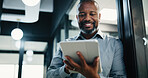 Business, black man and lawyer with tablet in office for research, court case and review evidence. Smile, mature attorney and digital for witness testimony, legal lawsuit and confidential information