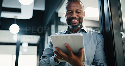 Buy stock photo Business, black man and lawyer with tablet in office for research, court case and review evidence. Smile, mature attorney and digital for witness testimony, legal lawsuit and confidential information