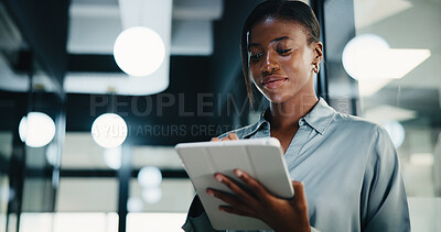 Buy stock photo Business, black woman and reading with tablet in office for research, court case and review evidence. Smile, attorney and digital for witness testimony, corporate lawsuit and confidential information