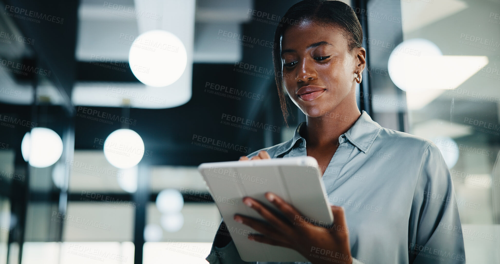 Buy stock photo Business, black woman and reading with tablet in office for research, court case and review evidence. Smile, attorney and digital for witness testimony, corporate lawsuit and confidential information
