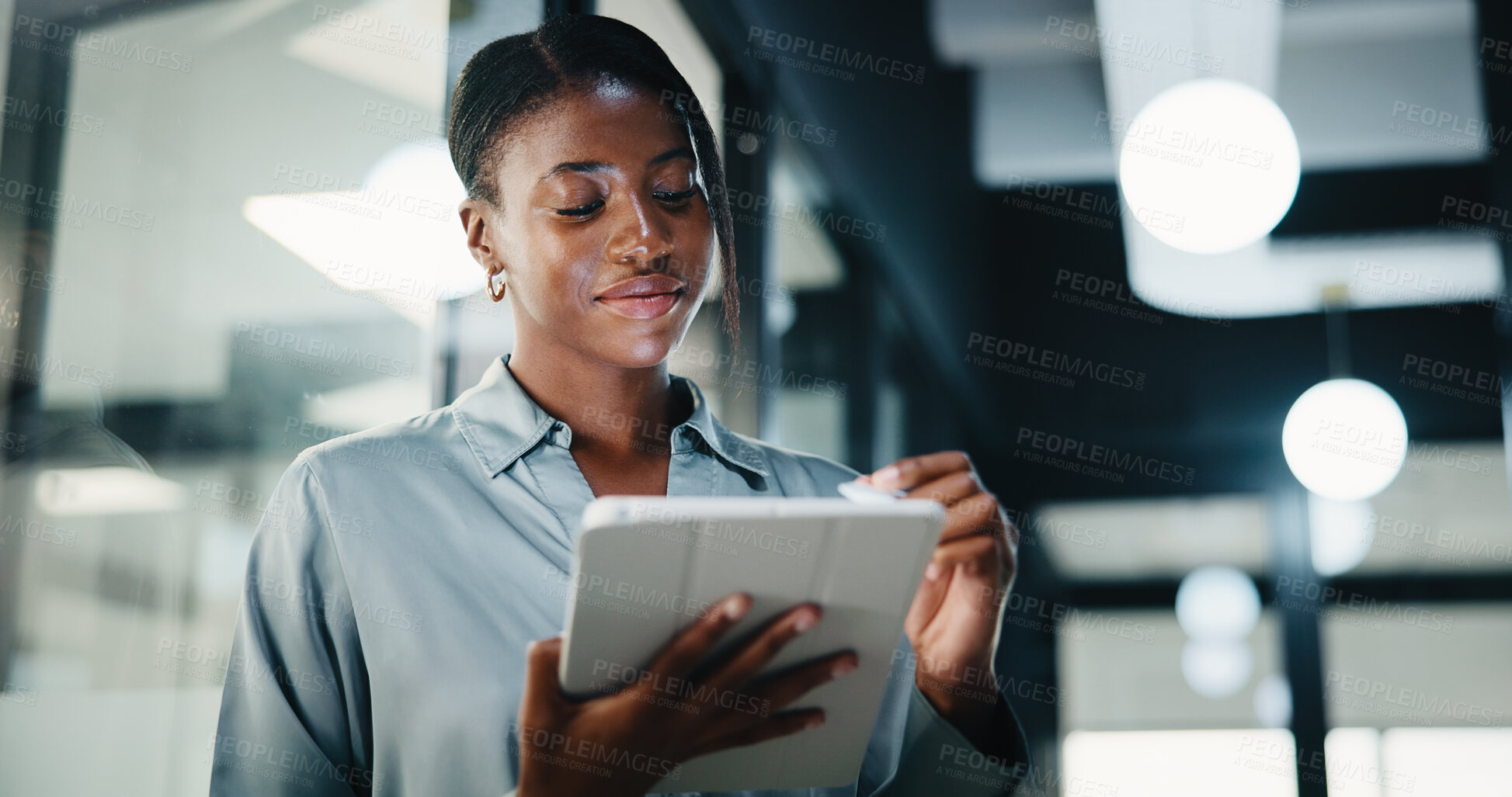 Buy stock photo Business, black woman and attorney with tablet in office for research, court case and review evidence. Smile, lawyer and digital for witness testimony, corporate lawsuit and confidential information