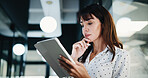 Thinking, woman and tablet in office for company report, finance or revenue service. Mature, business person or accountant with digital tech for project management, investor contact and research