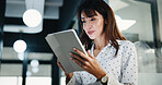 Business, woman and lawyer with tablet in office for research, court case and review evidence. Smile, mature attorney and digital for witness testimony, corporate lawsuit and confidential information