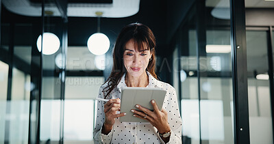Buy stock photo Business, woman and lawyer with tablet at law firm for research, court case and review evidence. Smile, mature attorney and tech with witness testimony, corporate lawsuit and confidential information