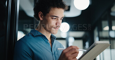 Buy stock photo Business, man and reading with tablet in office for research, court case and review evidence. Male person, attorney and digital for witness testimony, corporate lawsuit and confidential information