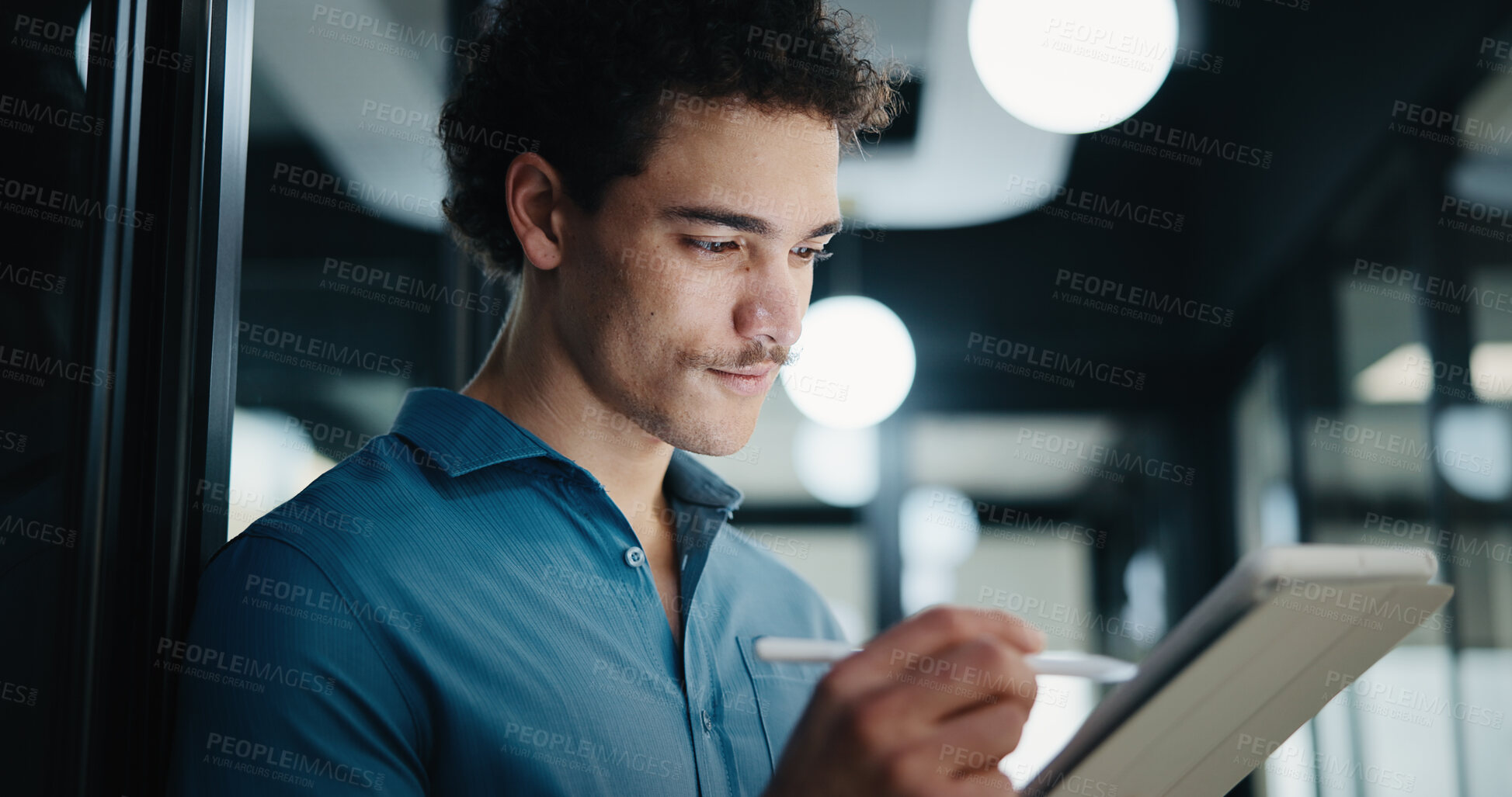 Buy stock photo Business, man and reading with tablet in office for research, court case and review evidence. Male person, attorney and digital for witness testimony, corporate lawsuit and confidential information