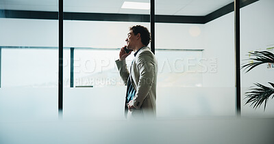 Buy stock photo Smile, phone call and business man in office for corporate communication, insurance policy or space. Mobile, broker and person talk at work for client update, claims feedback and coverage approval