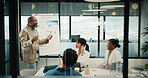 Businessman, team and presentation with graphs for corporate growth, statistics and revenue. Leader, happy and market analysis report with people in glass office, review and whiteboard for stats