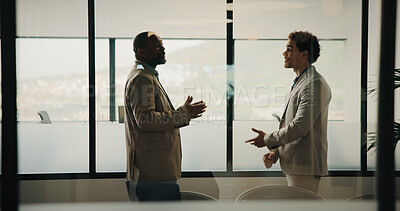 Buy stock photo Businessman, discussion and insight in boardroom with mentor, review or question at insurance company. People, broker and advisor with feedback, window and team in office at risk management agency