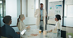 Businessman, tablet and presentation with graphs for corporate growth, statistics and revenue. Leader, happy and market analysis report with people or team in glass office, tech and whiteboard