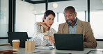 Laptop, meeting and pointing with finance people in office together for discussion or feedback. Business, collaboration and computer with employee team in financial workplace for risk management