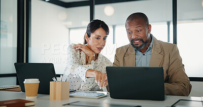 Buy stock photo Laptop, meeting and pointing with finance people in office together for discussion or feedback. Business, collaboration and computer with employee team in financial workplace for risk management