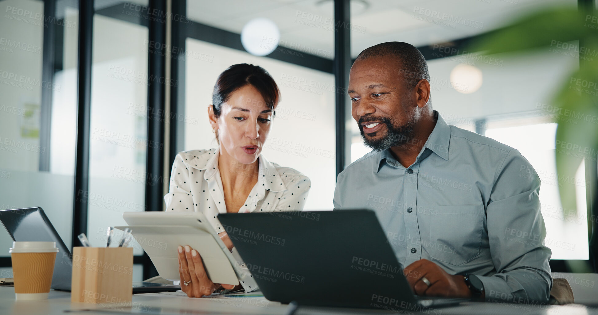 Buy stock photo Laptop, meeting and tablet with finance people in office together for discussion or feedback. Business, conversation and technology with employee team in financial workplace for risk management