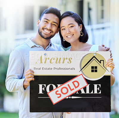 Buy stock photo Home, sold and Asian couple with sign for portrait, property investment and real estate opportunity. House, sale notice and happy man with woman for hug, loan approval and outdoor for relocation