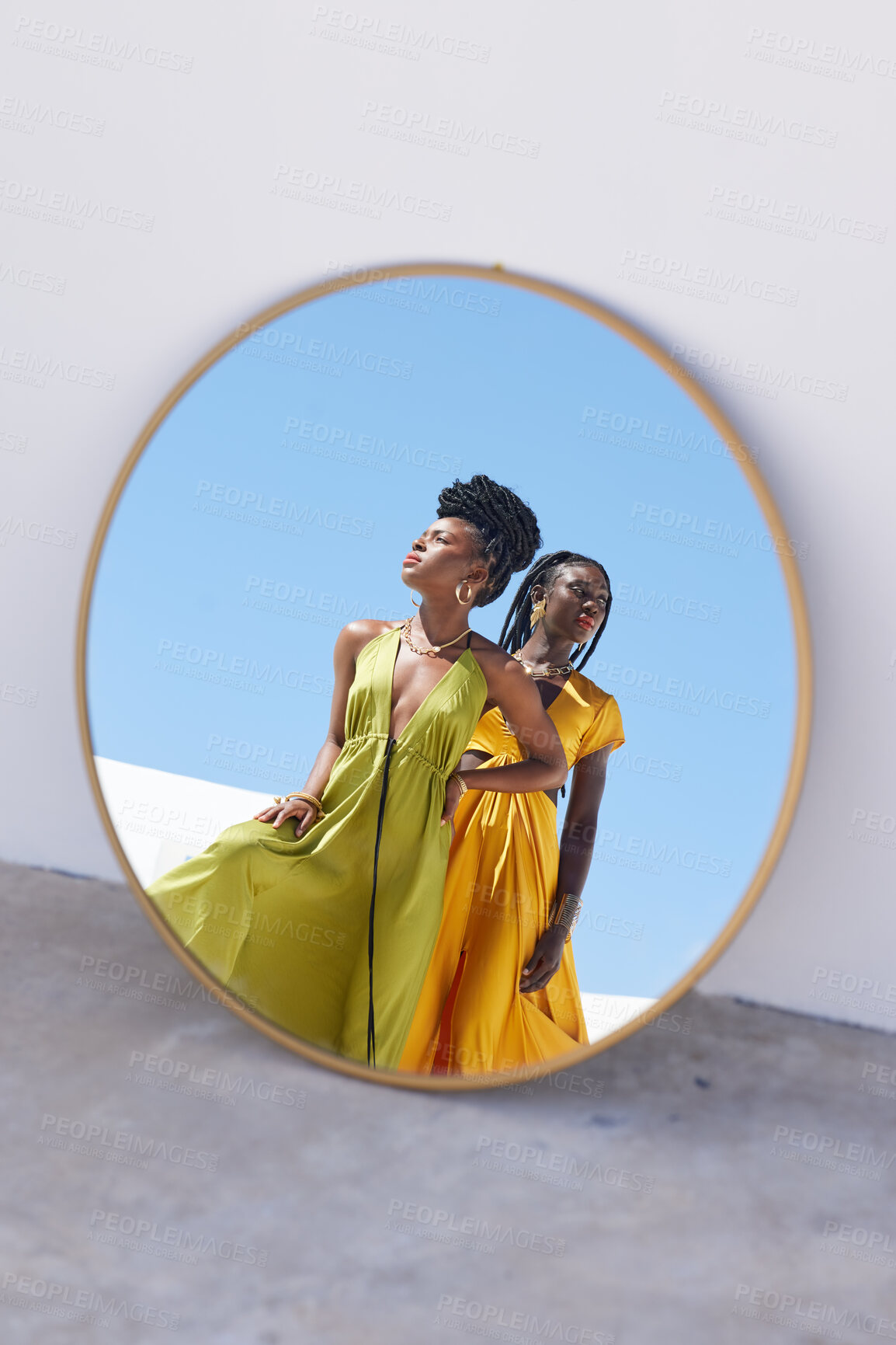Buy stock photo Fashion, mirror and black women outdoor with trendy clothes, modern style and elegant outfit. Confidence, beauty and African people with designer accessories, cosmetics and makeup in reflection