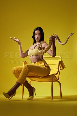 Buy stock photo Beauty, portrait and woman with snake for fashion, serious or creative with trendy outfit and python. Studio background,  space and person with exotic animal for aesthetic, confident and stylish
