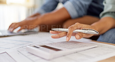 Buy stock photo Hands, calculator and couple in home with documents, finance and planning budget or bills. Typing, paperwork and people with taxes, financial review or expenses with mortgage, loan or debt payment