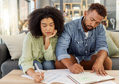 Buy stock photo Budget, writing and tired couple on sofa in home for planning, savings or financial debt. Bored, paperwork and man with woman together for taxes or bills with analysis or review of loan payment
