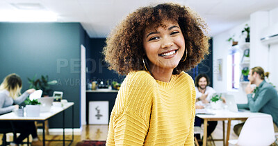 Buy stock photo Portrait, confidence or woman with smile in creative agency, film industry career or screenplay intern. Story opportunity, happy or writer with ambition for plot development, pride or media startup