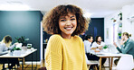 Portrait, confident or woman with smile in creative agency, film industry career or screenplay intern. Story opportunity, happy or writer with ambition for plot development, pride or media startup
